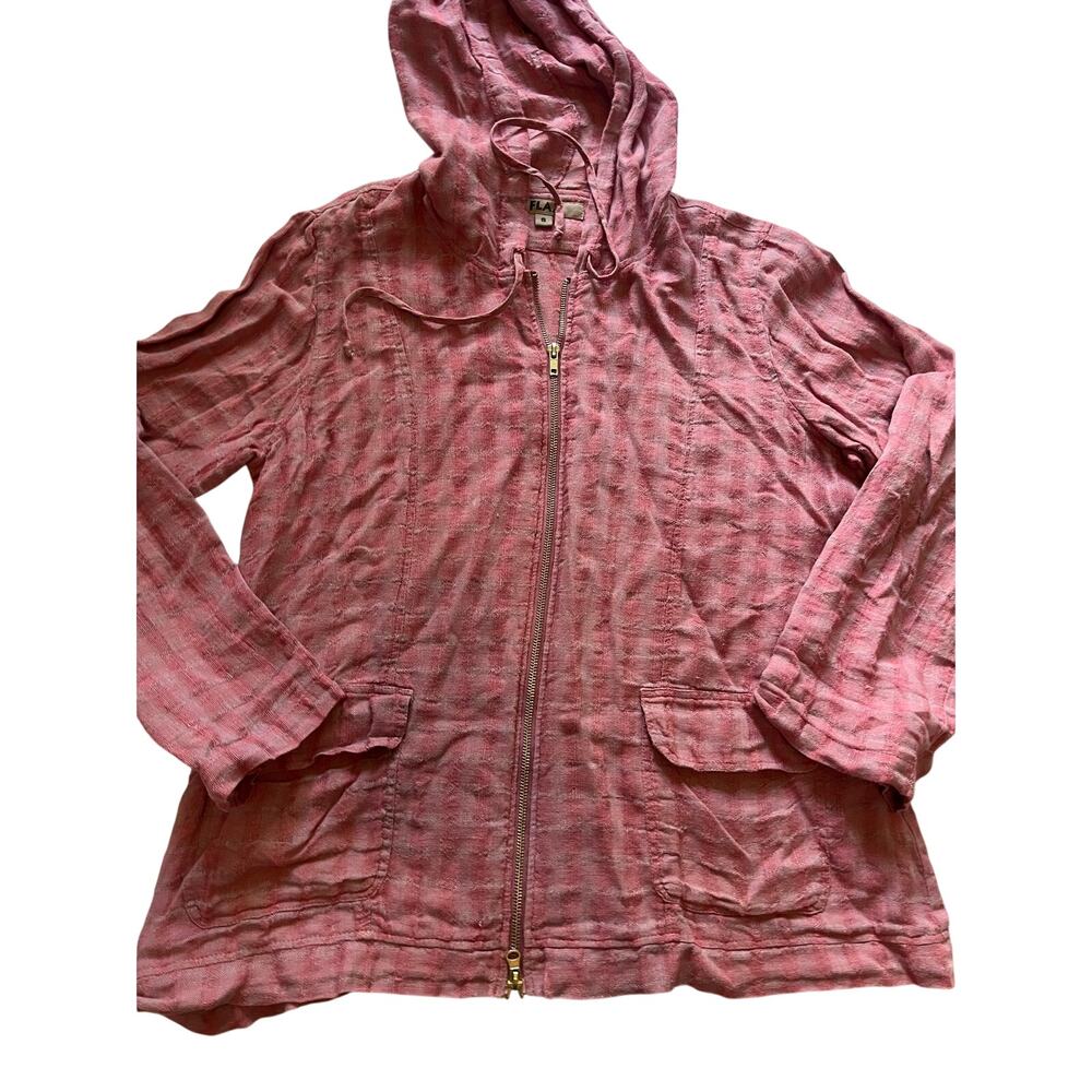FLAX Vintage 100% Linen Full Zip Hoodie Jacket Pink Plaid Checked Relaxed Small